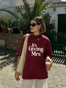Bachelorette T Shirts Women,Its Giving Mrs Bride To Be Engagement Top,Summer Print Round Neck Short Sleeve,Graphic Tees,Cute,Party Outfit - 酒紅色 - 查看 9