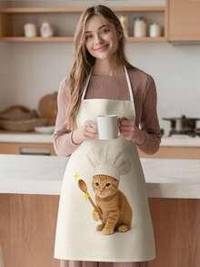1pc, Cartoon Chef Cat Pattern Polyester Apron, Suitable For Cooking, Baking, And Gardening - Can Be Used As Attire For The Kitchen And Dining. - Multicolor - View 2