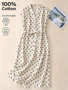 Autumn Elegant Vintage Casual Polka Dot Sleeveless Pocket Tank Dress, Lightweight Breathable All-Fabric, Versatile For Vacation, Daily Wear, Tea Party, Commute, Gathering And Outing, Spring/Summer - Beige - View 5