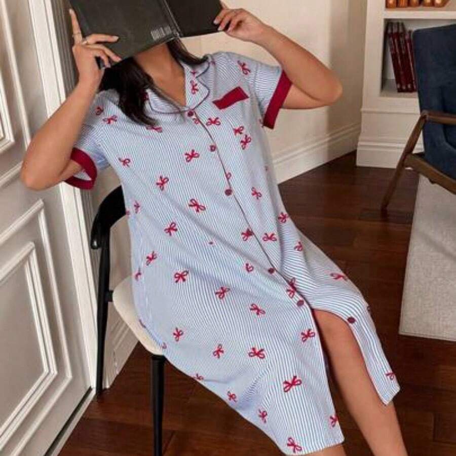 ghadjgyjad Napfluff CURVE Napfluff CURVE Camisón de mujer talla grande con botones delanteros y cuello, estampado de mariposas y rayas de manga corta, adecuado para el verano - Azul - Ver 1