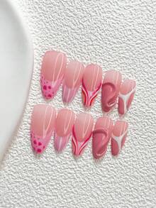 10Pcs Gentle Style Handmade Press On Nail,Polygel Nail Set,Polka Dot And Stripe,Pink,White And Orange Nail Polish,Sweet Style,Includes Nail Tools,3 Sizes Available,Almond,Duck,Coffin Nails For Party,Dance,Daily Wear. - Multicolor - View 12