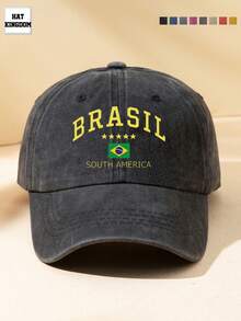 1pc Brazil Print Washed Baseball Cap, Classic Fashion, Soft Sweat-Absorbing Band, Adjustable Size, Lightweight Sun Protection, Versatile Classic Style, Suitable For Outdoor Sports, Football Matches, Daily Wear, Parties And Vacations, Perfect Gift For Friends And Family - A - View 1