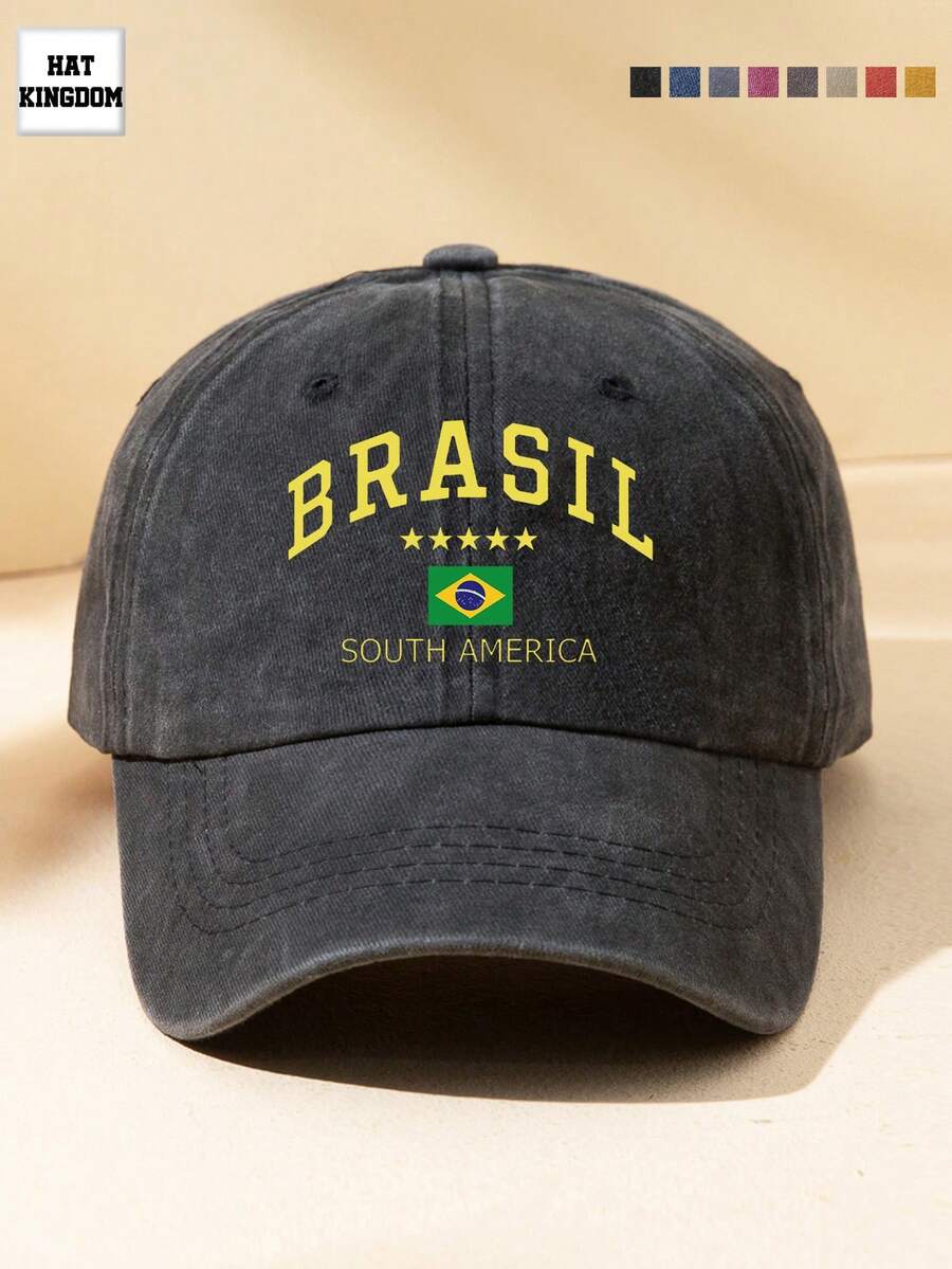 1pc Brazil Print Washed Baseball Cap, Classic Fashion, Soft Sweat-Absorbing Band, Adjustable Size, Lightweight Sun Protection, Versatile Classic Style, Suitable For Outdoor Sports, Football Matches, Daily Wear, Parties And Vacations, Perfect Gift For Friends And Family - A - View 1