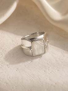 1pc Vintage Wide Line Wrapped Moonstone Boho Style Unisex Ring, Suitable For Parties, Holidays, Gifts, And Daily Wear - Silver - View 10