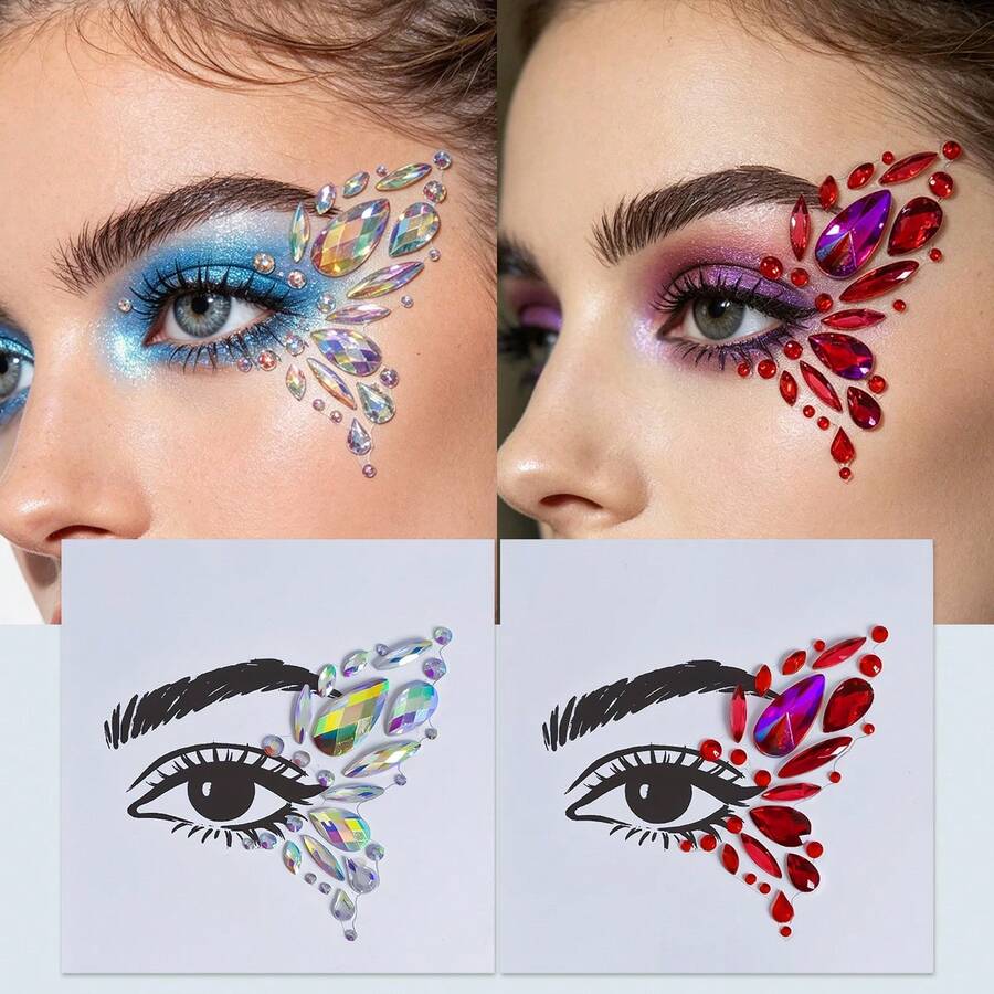 2 Pcs Butterfly Acrylic Shiny Face Stickers, Festival Performance Colorful Eyebrow Diamond Stickers, Acrylic Face Stickers, Eyeliner Stickers, Suitable For Party, Music Festival,Daily Use, Aesthetic