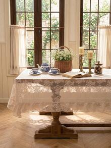 1pc French Country Style Floral Lace Trim Tablecloth Table Cover Holiday Decoration - Beige - View 4