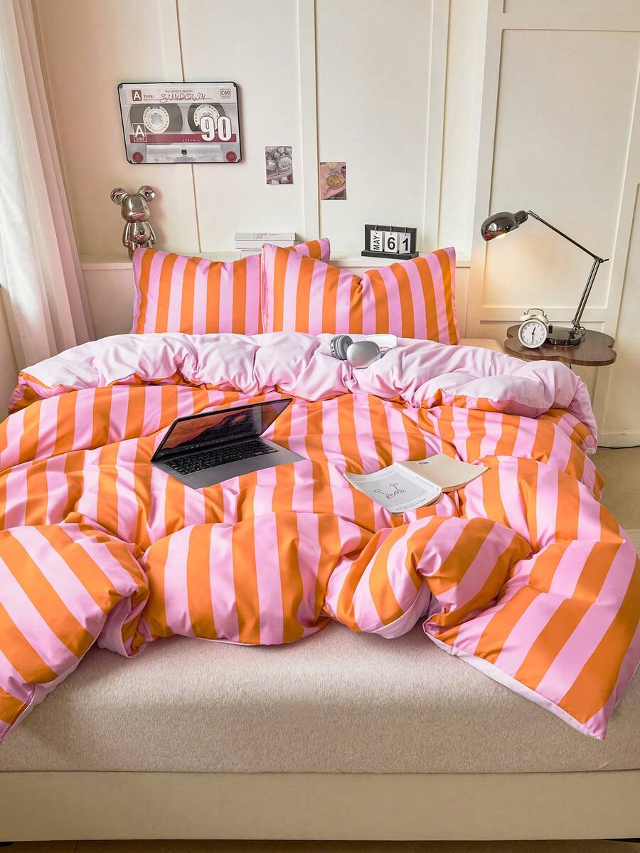 2/3Pcs Simple Orange Pink Stripes Pattern Print Duvet Cover Set Without Filler Breathable Supersoft All-Season (1pc*Duvet Cover + 1/2pcs*Pillowcase, No Pillow Core), Soft Two Tone Bedding Set Dormitory,Machine Washable King Queen Full Twin - Coral Orange - View 1