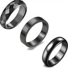 3 Styles Black Hematite Rings Set, Polished Faceted/Smooth/Matte Plain Band Rings, Unisex Stackable Finger Rings For Daily Casual Wear, Party Jewelry Gifts - Black - View 2