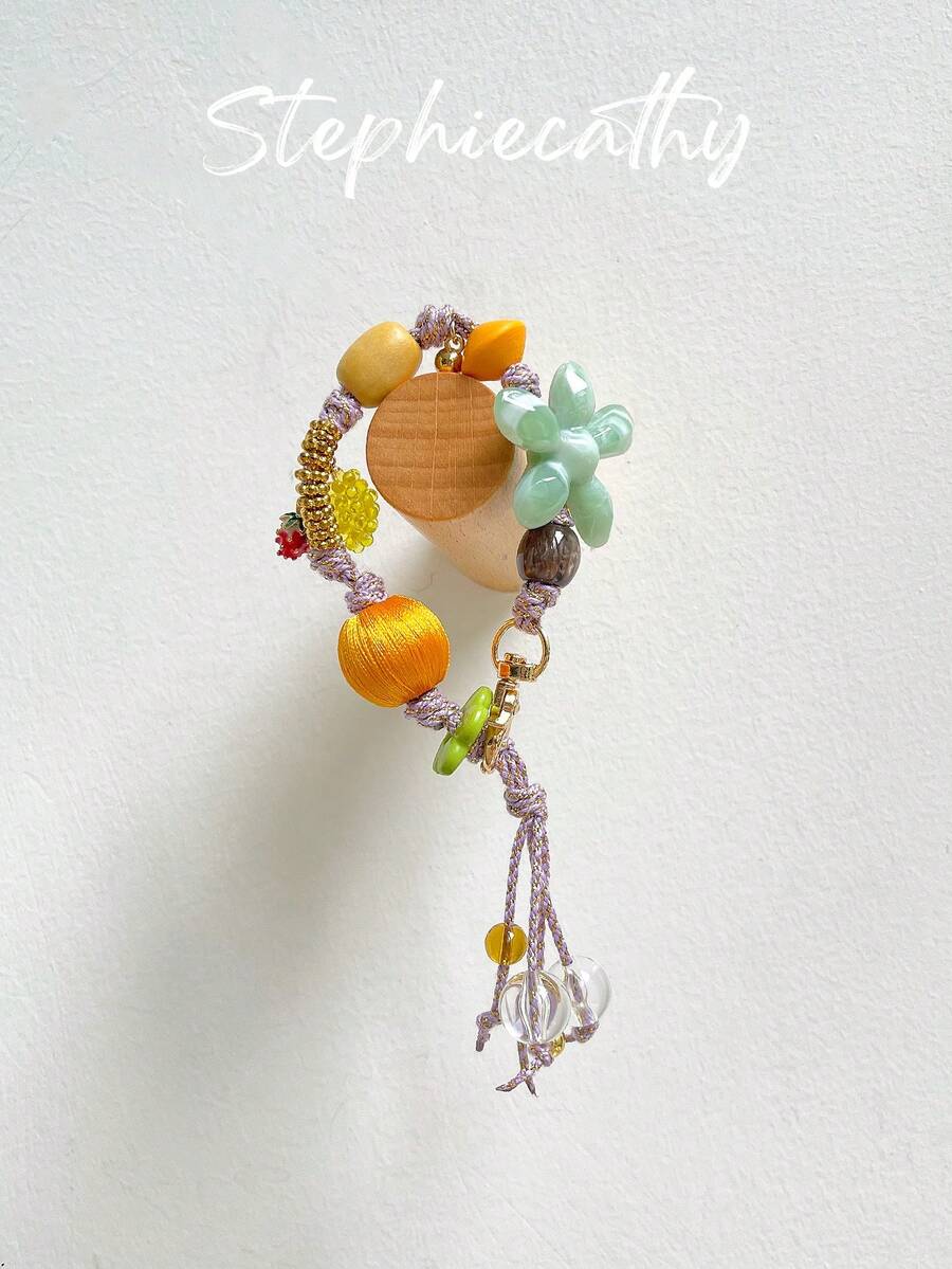 STEPHIECATHY Fashionable Colorful Knot Rope Flower Shape Decoration Colorful Beads Fruits Grape Hand Woven Bracelet Bag Charms Key Chain Pendant Suitable For Phone Bag Accessories Handbag Hanging Ornament