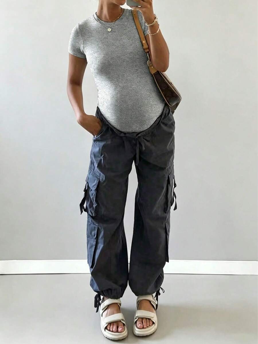 Maternity One-Piece Bodysuit, Solid Color Round Neck Simple Versatile Slim Fit Summer - Light Grey - View 1