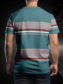 Vintage Striped Crew Neck T-Shirt, Men's Casual Summer Street Style - Green - View 2