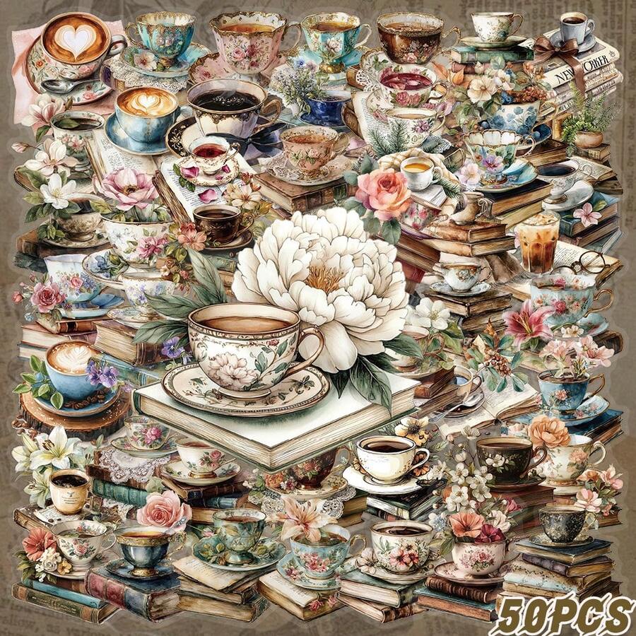 50pcs Transparent Matte Sticker Set - Book And Coffee Design, Suitable For Plastic, Glass, Metal And Asymmetrical Shaped Phone Cases, Notebooks, Scrapbooks And Journals Unique Decorative Sticker Pack - 50pcs - View 1