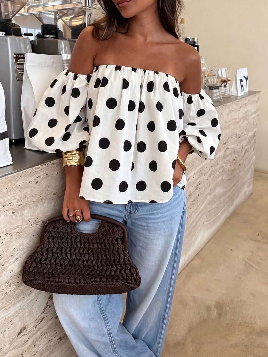 Atasan Wanita Motif Polkadot Kontras Berlipit Tanpa Bahu, Cocok untuk Pantai dan Pakaian Sehari-hari, Warna Putih Musim Semi/Panas - MultiWarna - View 1