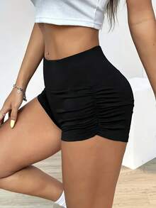 Women's Shorts With Sandpaper And High Waist - Black - View 2
