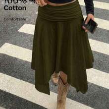 Soqi Women's Clothing Falda midi plisada con bajo asimétrico, 100% algodón, nueva colección primavera/verano, conjunto retro Y2K - verde militar - Ver 1