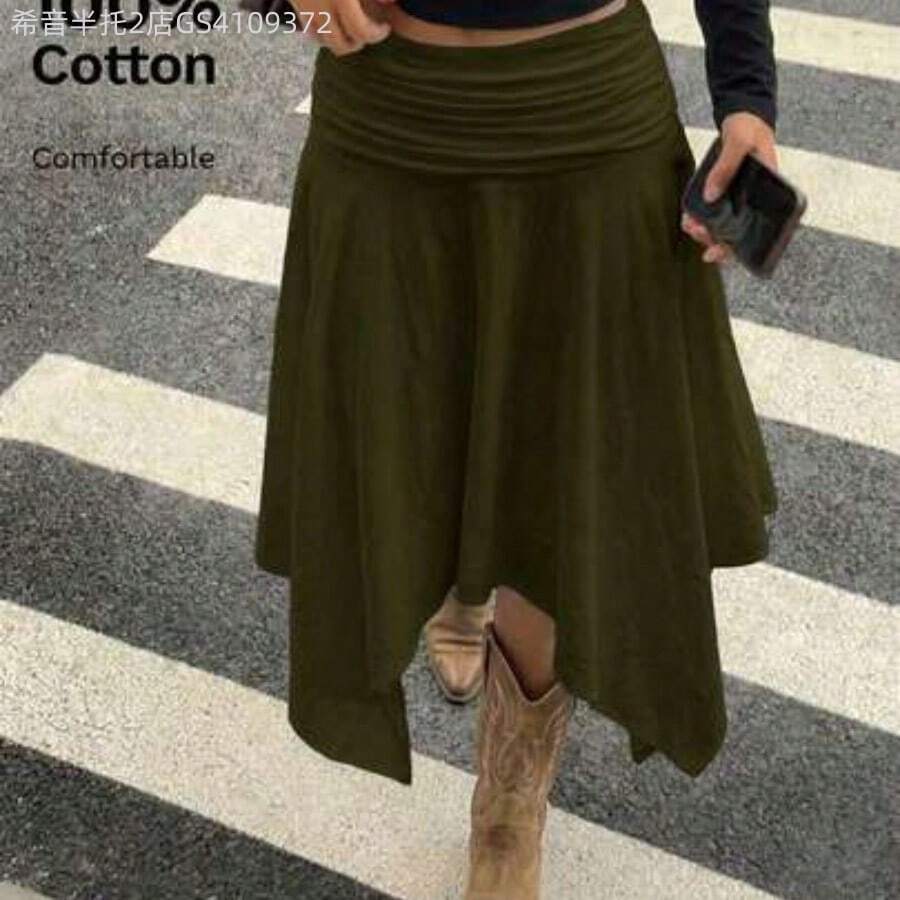 Soqi Women's Clothing Falda midi plisada con bajo asimétrico, 100% algodón, nueva colección primavera/verano, conjunto retro Y2K - verde militar - Ver 1
