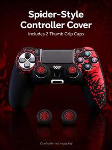 2件套：1个黑色蜘蛛图案PlayStation4手柄保护套 + 1对蜘蛛图案摇杆帽，适用于PlayStation4手柄，防滑、防汗、防尘、防刮，增强握持感，提升游戏体验，情人节/春季浪漫礼物 - 彩色 - 查看 3