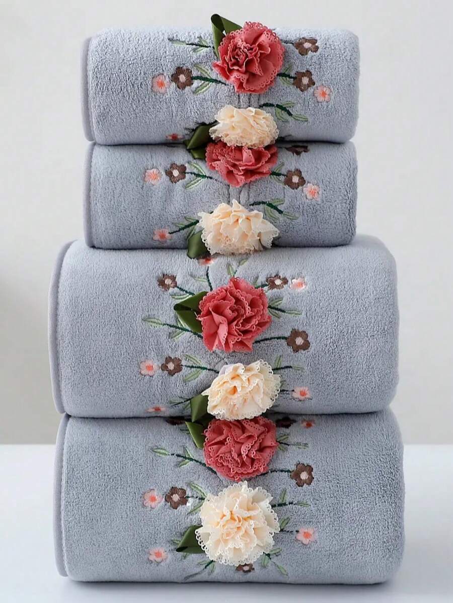 1pc Thin Polyester Fiber Grey Bath Towel/Kitchen Hand Towel, Floral Pattern, Suitable For Women Year-Round, Quick-Drying, Applicable For Bathroom, Hotel, Travel, Holiday Gift, Beauty Salon, Home Decor