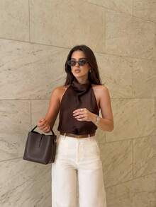 Top de tirantes elegante sin mangas y espalda descubierta para mujer, casual de verano para vacaciones - Café integral - Ver 1