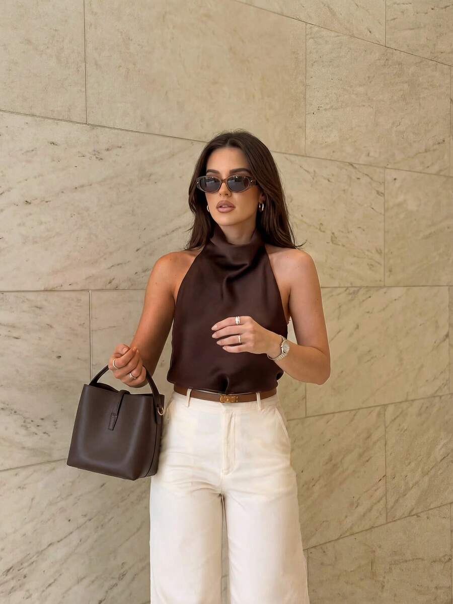 Top de tirantes elegante sin mangas y espalda descubierta para mujer, casual de verano para vacaciones - Café integral - Ver 1