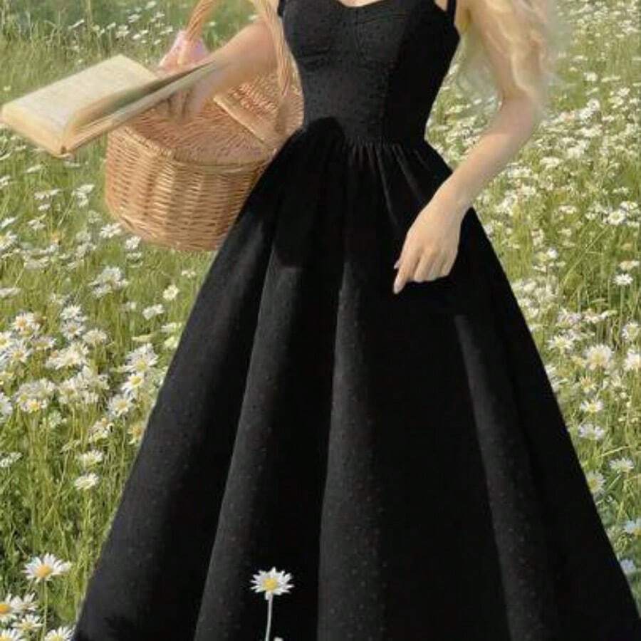 LunaCass8 MOD Vestido azul con pliegues en el busto, hombros con lazo, cintura ceñida, bajo acampanado, adecuado para boda, fiesta de cumpleaños, cita, vacaciones, té de la tarde - Negro01 - Ver 1
