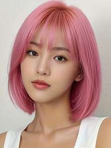 Women's Elegant Pink Bob Wig, Heat-Resistant Fiber, Straight Hair, Rose Net Cap, 100% Density, Suitable For Everyone - Versatile Pink Shoulder-Length Wig - 彩色 - 查看 2