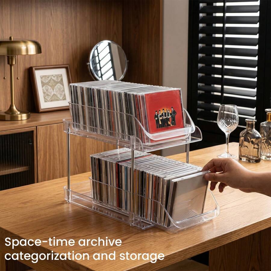 CD DVD Storage Rack Clear Plastic Drawer Organizer With Smooth Pull Out Drawers - Transparente - 2 niveles - Ver 1