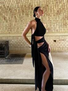 Vestido Halter Calado Cintas Corte Abierto Nuevo - Negro - Ver 1