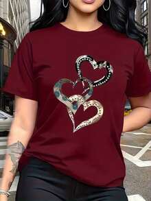 Camiseta casual de mujer de manga corta con cuello redondo y estampado de corazones - Burdeos - Ver 1