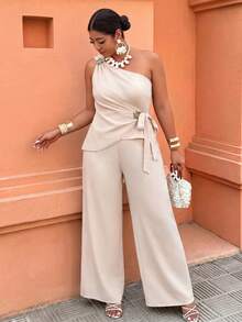 UrbanChic. Summer Plus Size One-Shoulder Waist-Defining Metal Buckle Asymmetric Set Elegant Style Exquisite Commuter Wide-Leg Pants Two Pieces Set - Apricot - View 6