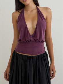 Women Y2k Halter Tops  Summer Deep V Neck Open Back Crop Tank Tops Sleeveless Ruched Slim Fit Backless Shirt  Going Out Tops Aesthetic Clothes - 紫色 - 查看 3