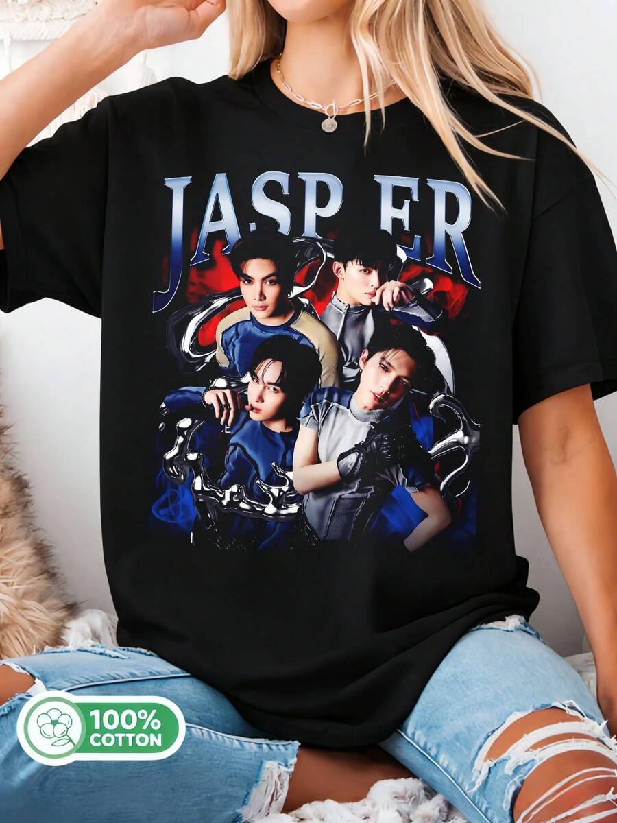 K-Pop Group JASP ER Graphic Cotton T-Shirt, Unisex, For Idol Fans. - Black - View 1