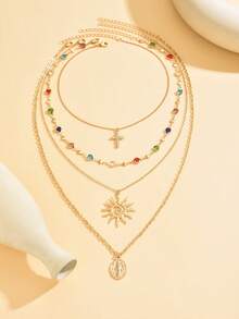 4pcs/Set Fashion Design Gold Sun Cross Pendant Accessory Decorative Choker Edged Rhinestone Multi-Layer Stacked Necklace Elegant Women's Neck Jewelry Suitable For Daily Wear And Ascension Day Shopping Dating, Rhinestone Color Is Random - Multicolor - View 2