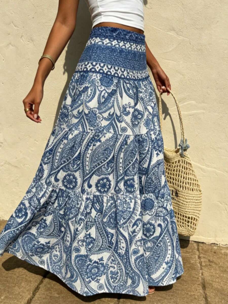 Women's Summer Boho Blue Printed High Waisted Flowy Maxi Skirt Beach Wrap Skirt For Vacation - 藍色 - 查看 1