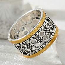 Two-Tone Hollow Carved Wide Ring, Bohemian Style, Vacation Retro Niche Accessory - Silver - View 5