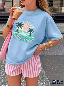 Camiseta casual de verano para mujer, camiseta de algodón puro personalizada y a la moda estilo y2k, top holgado de manga corta, elegancia urbana, transpirable para uso diario, ropa de verano con estampado creativo, regalo para deportes al aire libre, diseño con estampado de cocotero rosa, texto impreso "Salty Soul", estilo de vacaciones de verano. - Verde - Ver 7