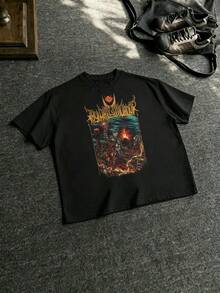 Q-PICK Mythical Dragon Fantasy Art Metal Band Logo Design Dark Epic Imagery For Heavy Metal Fans And Rock Music Lovers Vintage Graphic Tees Men's 100% Cotton Round Neck Short Sleeve T-Shirt Mens Clothes - 黑色 - 查看 1