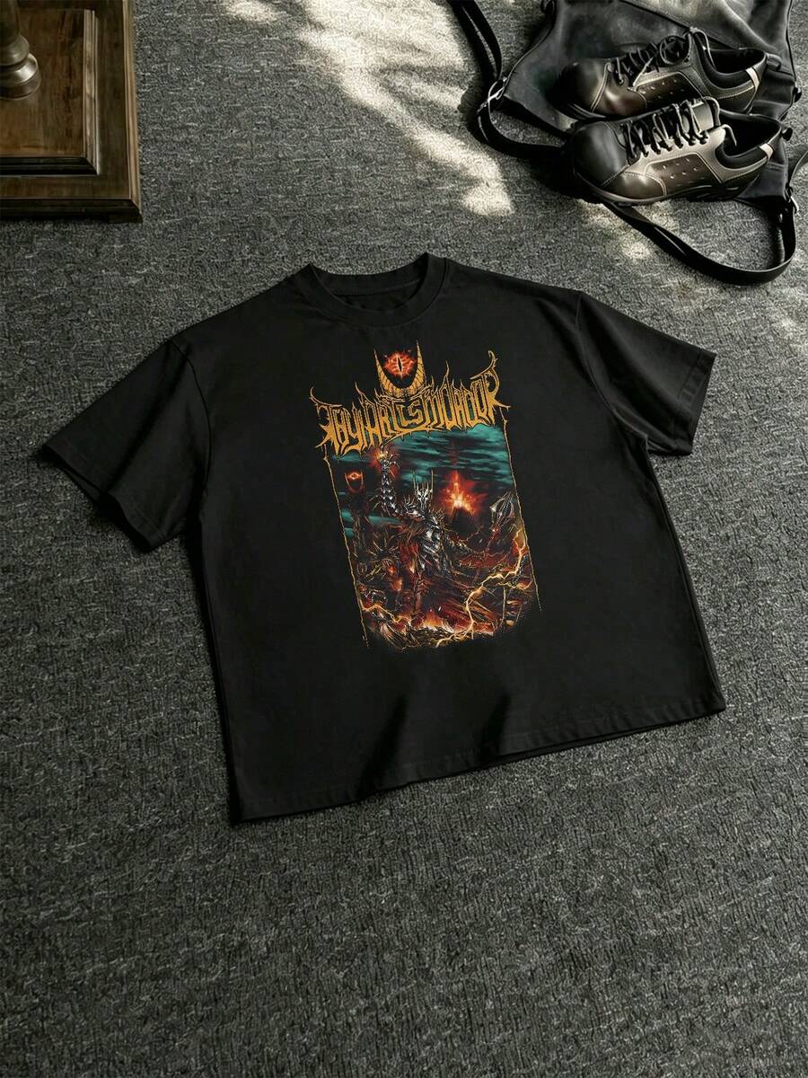 Q-PICK Mythical Dragon Fantasy Art Metal Band Logo Design Dark Epic Imagery For Heavy Metal Fans And Rock Music Lovers Vintage Graphic Tees Men's 100% Cotton Round Neck Short Sleeve T-Shirt Mens Clothes - 黑色 - 查看 1