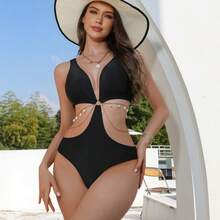 Sexy Backless One-Piece Solid Color Bikini Beach Swimsuit For Women - Black - View 1