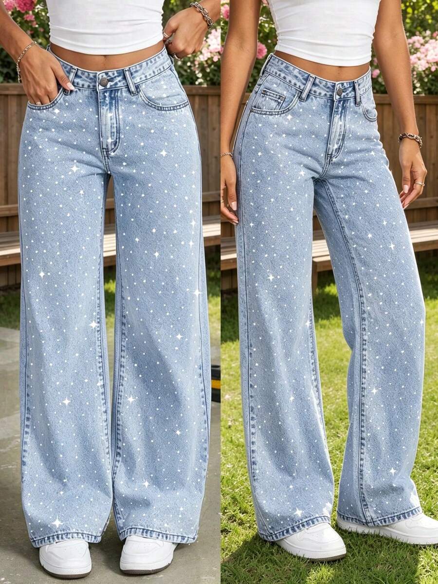 Teen GirlFashion Rhinestone Embellished Loose Wide-Leg Jeans - Light Wash - View 1
