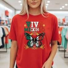 Stylish Everyday Outfits: Women's Viva Mexico Butterfly Print Cotton T-Shirt, Short Sleeve, Crew Neck, Casual Style, National Flag Inspired Design, Loose Fit, Basic Summer T-Shirt, Available In Various Sizes. Loose Fit Summer Clothing For Women. - 紅色 - 查看 1