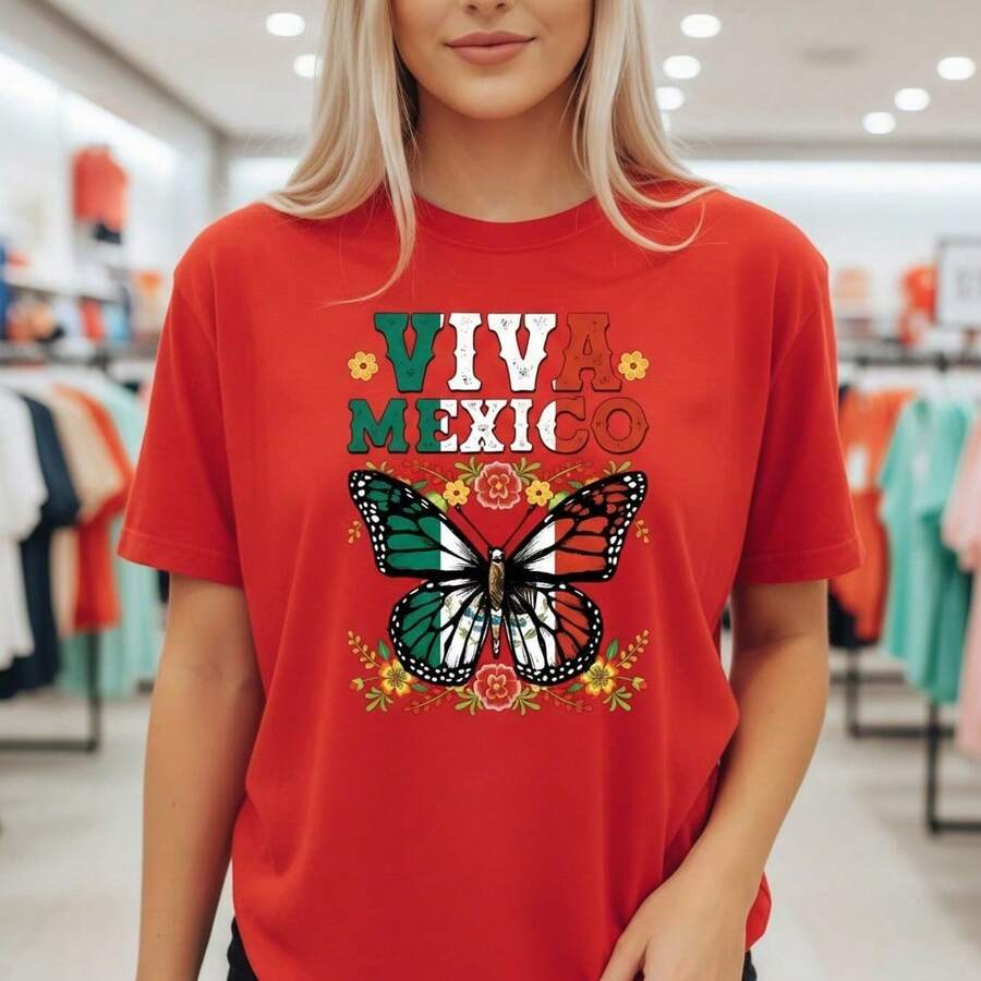 Stylish Everyday Outfits: Women's Viva Mexico Butterfly Print Cotton T-Shirt, Short Sleeve, Crew Neck, Casual Style, National Flag Inspired Design, Loose Fit, Basic Summer T-Shirt, Available In Various Sizes. Loose Fit Summer Clothing For Women. - 紅色 - 查看 1