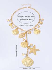 1 pieza Collar con colgante de estrella de mar y concha de perla con estilo oceánico, adecuado para uso diario y vacaciones de verano de mujeres - Amarillo Oro - Ver 4