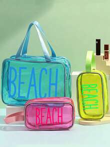 多色防水海灘包，大容量便攜式化妝包，「Beach」&「Love」雙面印花，PVC化妝包&收納盒，泳池包，透明盥洗包，可存放防曬霜、零食、比基尼和海灘必需品。方便的旅行收納包，適用於游泳、海灘、潛水和夏季假期，伴娘單身派對禮物，返校季，最佳夏季假期，2026夏季假期 - 彩色 - 查看 9