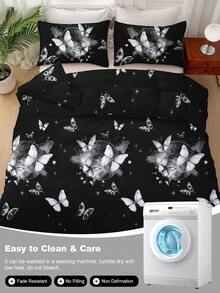 3 pièces Ensemble de literie, respirant, tissu super doux anti-boulochage et agréable à la peau, anti-boulochage doux, textile d'ameublement, décoration de chambre, comprend 1 housse de couette et 2 taies d'oreiller (sans couette), décoration de chambre à coucher à la mode, convient pour lit twin/full/queen/king, lavable en machine, plusieurs couleurs disponibles, cadeau romantique pour la Saint-Valentin, housse de couette imprimée papillon noir et blanc - Multicolore - Voir 11