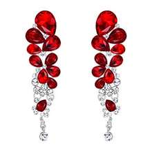 EVER FAITH Rhinestone Cristal Elegante Lágrima Gota de Agua Nupcial Boda Clip on Aretes - Rojo Tono Plateado - Ver 1