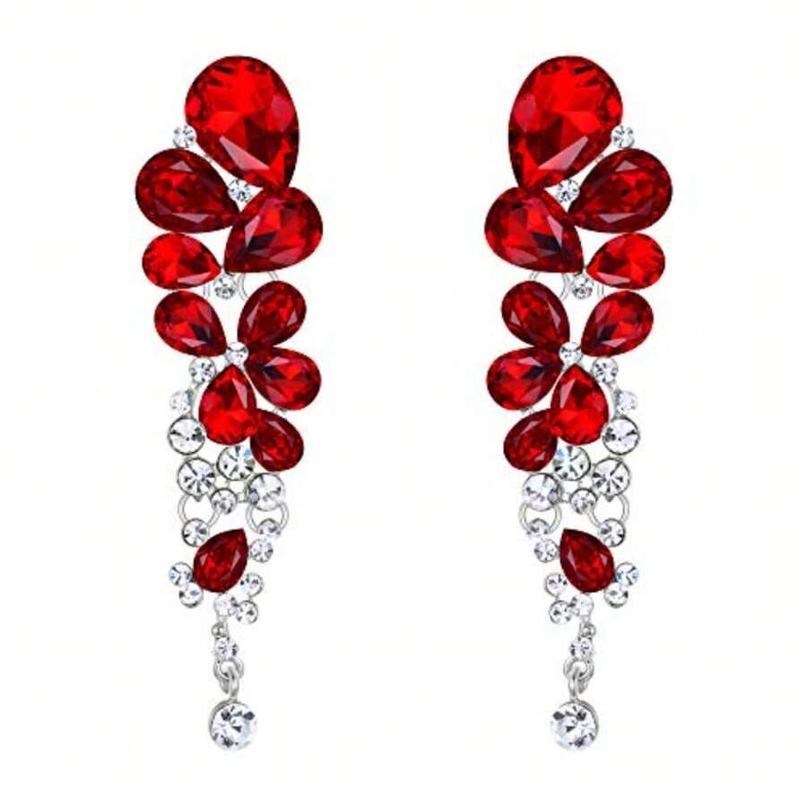 EVER FAITH Rhinestone Cristal Elegante Lágrima Gota de Agua Nupcial Boda Clip on Aretes - Rojo Tono Plateado - Ver 1