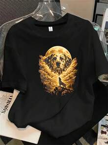 Top de mujer de cuello redondo y manga corta con estampado de perro blanco y negro y luna llena, apto para todas las estaciones. - Negro - Ver 1
