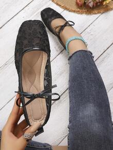 春夏透氣低楦頭方頭蝴蝶結平底鞋，日常通勤百搭仙女鞋，女款網布刺繡瑪麗珍鞋 - 黑色 - 查看 5