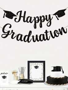 2 piezas Gorro de graduación negro con purpurina y pancarta colgante de Feliz Graduación, utilizado para la decoración de la fiesta de celebración de la temporada de graduación - negro - Ver 1